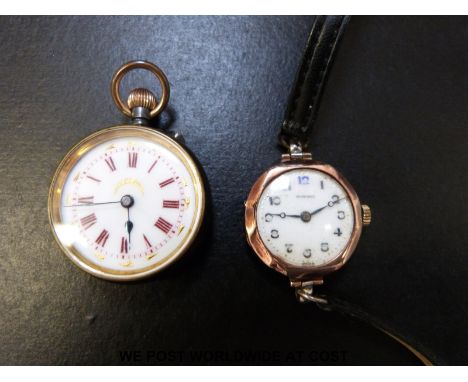 Dominex 9ct gold ladies wristwatch with Arabic numerals on white enamel face, in octagonal case together with a ladies fob wa