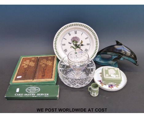 A collection of ceramics comprising a Portmeirion Botanic Garden clock, green Wedgwood Jasperware,  Poole dolphin, Royal Worc