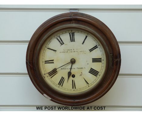 A 19thC small mahogany dial clock with Caydon and Sons, Clockmakers to the Queen, Kingston-on-Thames to the 19cm dial and W H