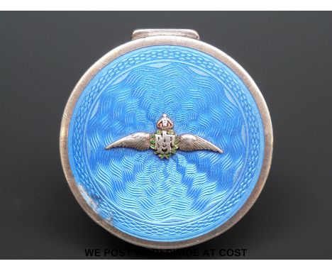A hallmarked silver guilloche enamel RAF sweetheart pill box, diameter 5cm, Birmingham 1929