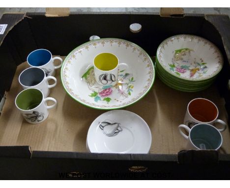 Susie Cooper cups and saucers decorated with fruit and seeds and a collection of Minton bird of paradise bowls 