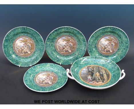 A Prattware tazza 'The Bully' and four dessert plates with pastoral scenes in malachite surround