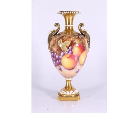 Royal Worcester painted fruit urn, the scattered fruit painted on a mottled background, with gilt highlights, signed M. Morri