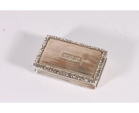 Georgian antique silver snuff box of rectangular form with embossed foliate borders and gilded interior, by Thomas Shaw, Birm
