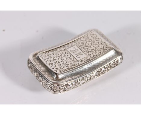 Georgian antique silver pocket snuff box of curved cushion form having all over embossed and incised floral decoration, gilde