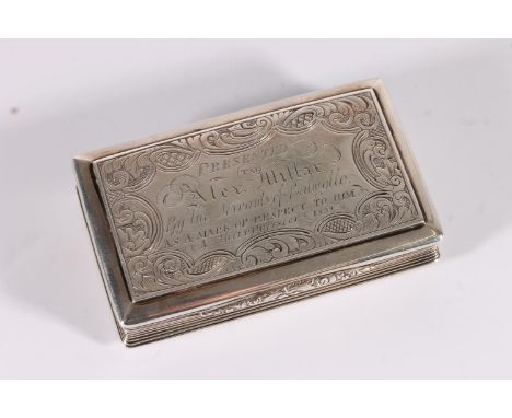 Victorian antique silver snuff box of rectangular form with incised floral decoration and with presentation inscription 'Alex