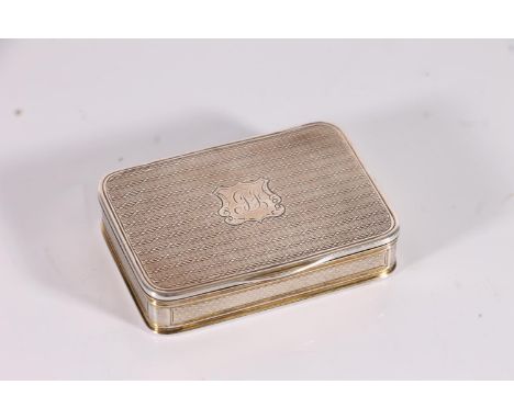 Georgian antique silver snuff box with all over engine turned decoration, shield cartouche to the top surface, gilded interio
