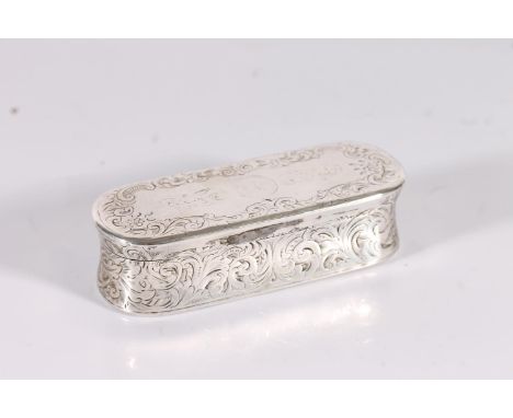 Victorian antique silver snuff box of stadium shape with all over incised floral designs and basket of fruit to the base, by 
