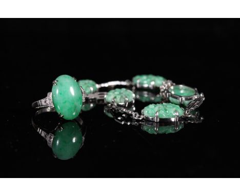 Chinese 9ct white gold and carved and pierced jade bracelet, 8.9g gross and a similar dress ring, size M, 4.0g, 12.9g gross. 