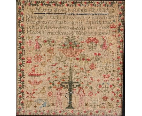Antique Victorian needlework sampler with Adam and Eve standing by the Garden of Eden apple tree, a snake wrapped around the 