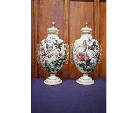 Pair of Victorian opaline glass urns, c1880, the flattened ovoid bodies decorated in polychrome enamels with blue tits and fi