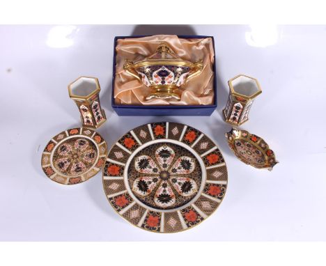 Royal Crown Derby Imari pattern 1128 lidded sucrier in original box, pair of small vases, plate, saucer and small twin handle