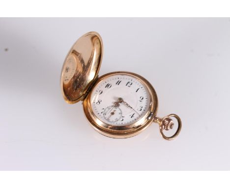 Early 20thC 14ct gold Swiss fob watch, the engine turned case opening to reveal cream coloured dial with arabic numerals, fil