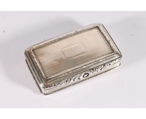 William IV antique silver snuff box of rectangular form with engine turned top and relief embossed floral borders, gilded int