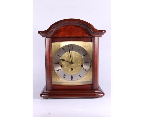 West German stained mahogany bracket clock, c1980s, the engraved brass face with arrow hands between roman numerals and minut