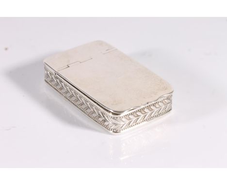 George VI silver snuff box of rectangular form with plain top and bottom surfaces and relief leaf design to the edge, by Walk