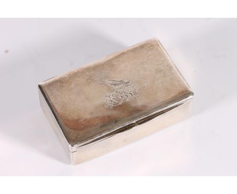 Georgian antique silver snuff box of plain rectangular form with bird crest, gilded interior, by Daniel Hockley, London 1818,