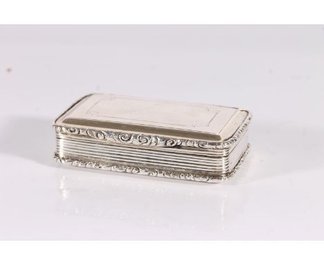 Victorian antique silver snuff box of cushioned rectangular shape with embossed foliate border rims, gilded interior, by Davi