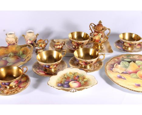 Aynsley fruit and gilt decorated porcelain, consisting of five Orchard gold pattern c746 cups and saucers, pair of small urns