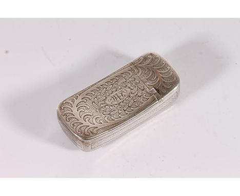 Georgian antique curved silver pocket snuff box of miser's type with two hinged covers, each opening to a different sized com