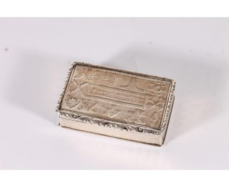 Victorian antique silver snuff box of rectangular form incised with Masonic symbols, gilded interior, by Francis Clark, Birmi