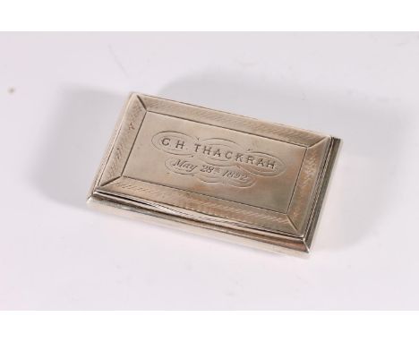 Victorian antique silver snuff box of rectangular cushion shape with engine turned decoration and inscription 'C H THACKRAH M
