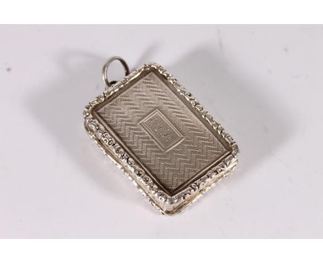 Victorian antique silver vinaigrette of rectangular form with engine turned decoration and relief embosses floral border rims