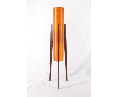 Mid century teak framed rocket floor lamp in the manner of Novoplast, the circular orange fibreglass shade on tapered support