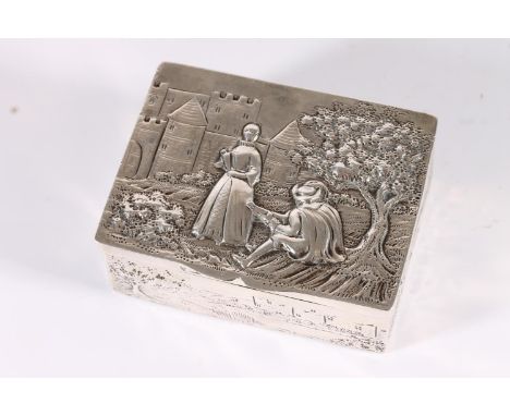 Georgian antique silver table snuff or tobacco box decorated in high relief with repoussé scene of a gent serenading a lady b