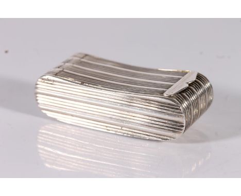 Georgian antique silver snuff box of curved C scroll form with reeded decoration, gilded interior, by Matthew Linwood, Birmin