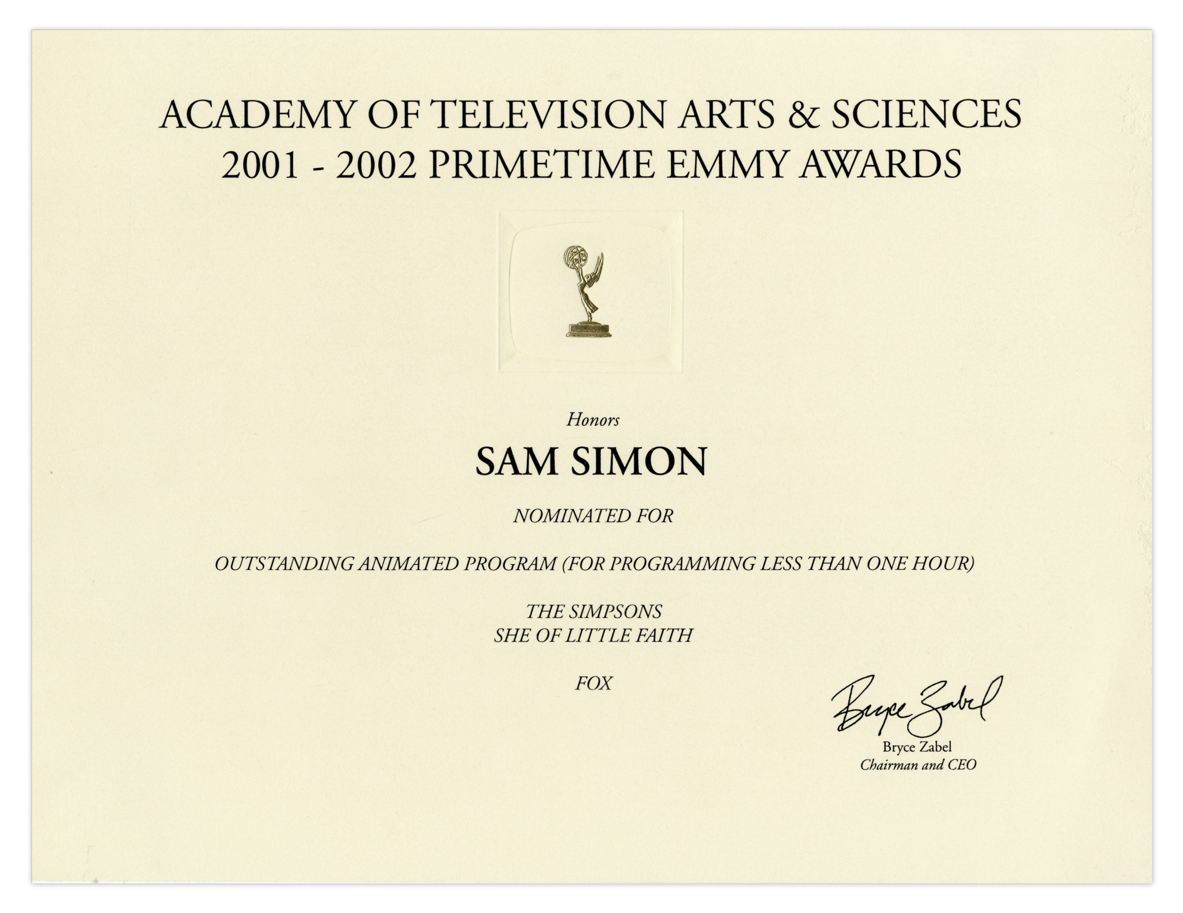 Primetime Emmy nomination certificate awarded to Sam Simon, cocreator