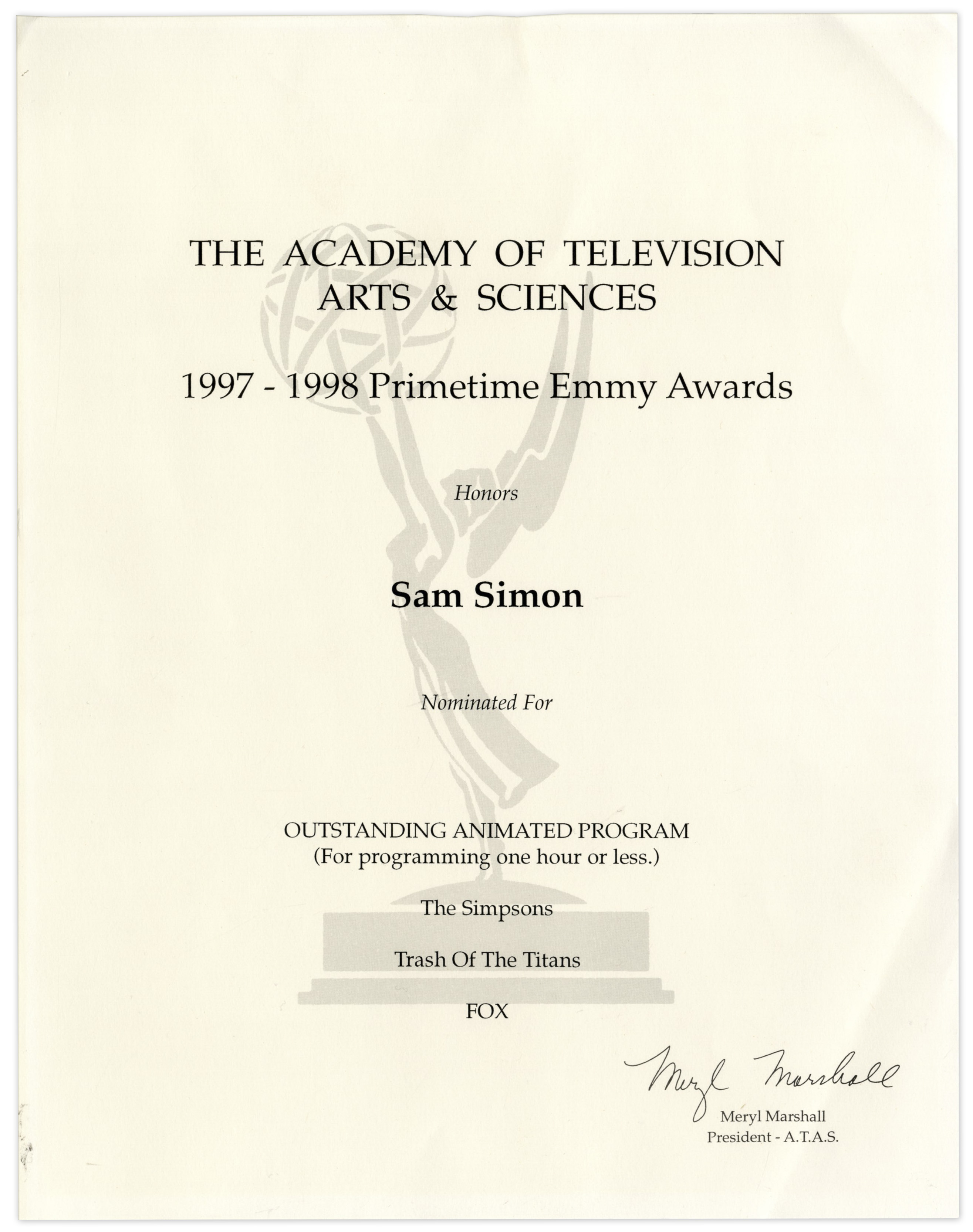 Primetime Emmy nomination certificate. Award reads in full ''THE