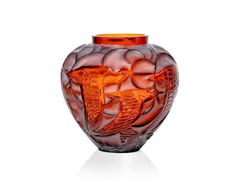 René Lalique (French 1860-1945) COURLIS VASE, NO. 1085 designed 1931deep amber, and white stainedstencilled R. LALIQUE FRANCE