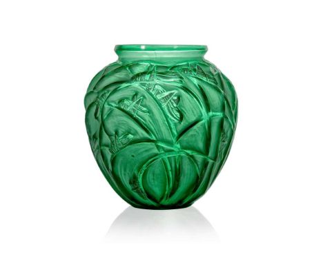 René Lalique (French 1860-1945) SAUTERELLES VASE, NO. 888 designed 1912green, and white stainedengraved R. Lalique France No.