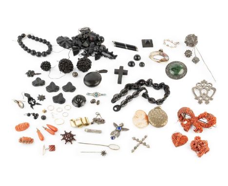 A collection of antique and later jewellery, comprising assorted coral corallium rubrum and coral-coloured jewellery, a lava 