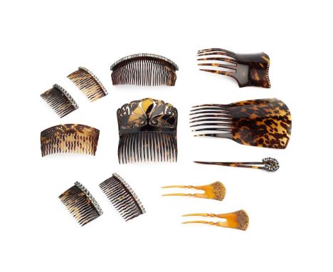 A tortoiseshell hair comb, with pierced and gilt piqué decoration, 10.5cm wide, five tortoiseshell combs with paste set decor