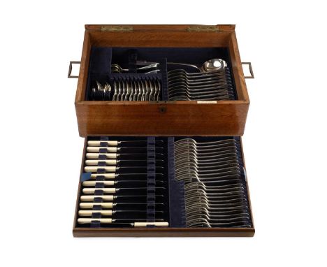 A late Victorian silver service of Hanoverian pattern flatware, comprising 12 table forks, 12 dessert forks, 12 table spoons,