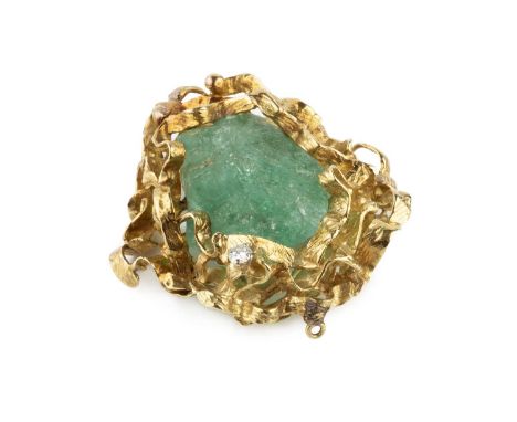 A diamond and stone set panel brooch, the openwork undulating panel of textured abstract design, centred with a green stone c