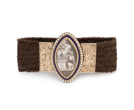 A collection of antique hairwork memorial jewellery, comprising a Georgian ivory, enamel and half pearl memorial bracelet, th