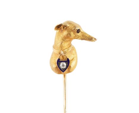 A late Victorian/Edwardian enamel and diamond set novelty stick pin, naturalistically modelled as the head of a whippet, with