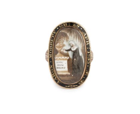 A late 18th century ivory and enamel memorial ring, the oval ivory panel painted to depict a maiden gesturing towards a funer