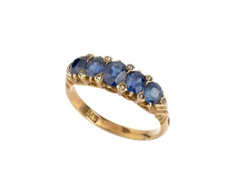 A sapphire and diamond half hoop ring, the graduated oval and cushion-shaped mixed-cut sapphires spaced by lasque-cut diamond