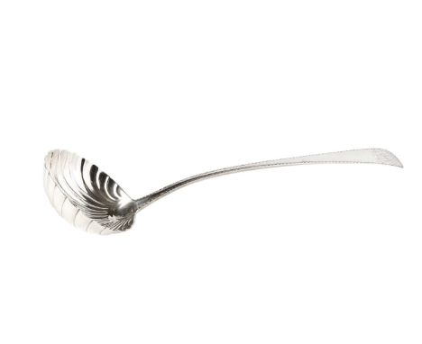 A George III silver old English pattern soup ladle, with bright-cut decoration and scalloped bowl, maker I.T or L.T, London 1