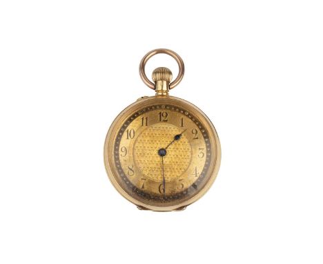 An open face fob watch, the engine-turned gilt dial with Arabic numerals and bead border, to a keyless wind movement, the cas