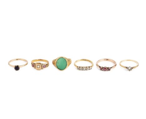 A collection of dress rings, comprising a late Victorian diamond and red stone dress ring, 15ct gold mounted, hallmarked for 