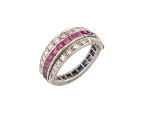 A diamond and gem set swivel hoop eternity ring, centrally channel set with a line of step-cut sapphires to one side and simi