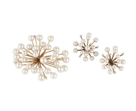 A cultured pearl brooch and ear clips suite, each modelled as an abstract wirework spray of graduated cultured pearls, with w