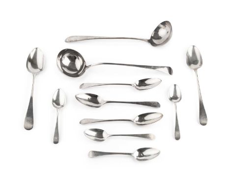 A collection of Georgian silver old English pattern flatware, comprising a Scottish soup ladle, maker's mark worn, Edinburgh 