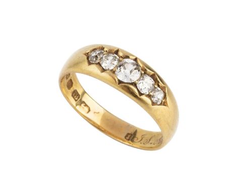 A late Victorian diamond five stone ring, the graduated old-cut diamonds in scalloped gypsy style setting, 18ct gold mounted,