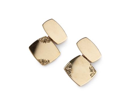 A pair of 9ct gold cufflinks, the tonneau-shaped panels with engraved accents, on chain-link fittings, hallmarked for Birming